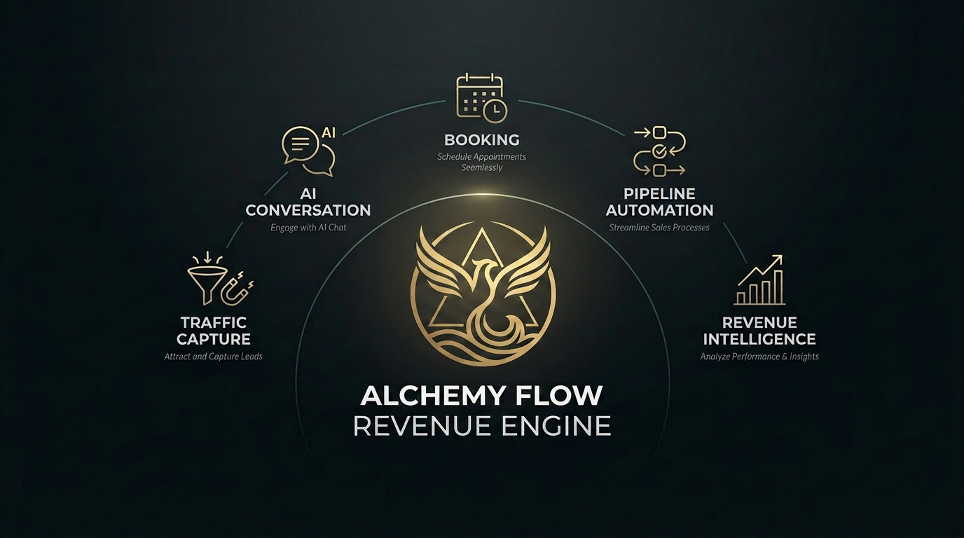 The Alchemy Flow Revenue Engine: a connected loop of Traffic Capture, AI Conversation, Booking, Pipeline Automation, and Revenue Intelligence around the Alchemy Flow logo.